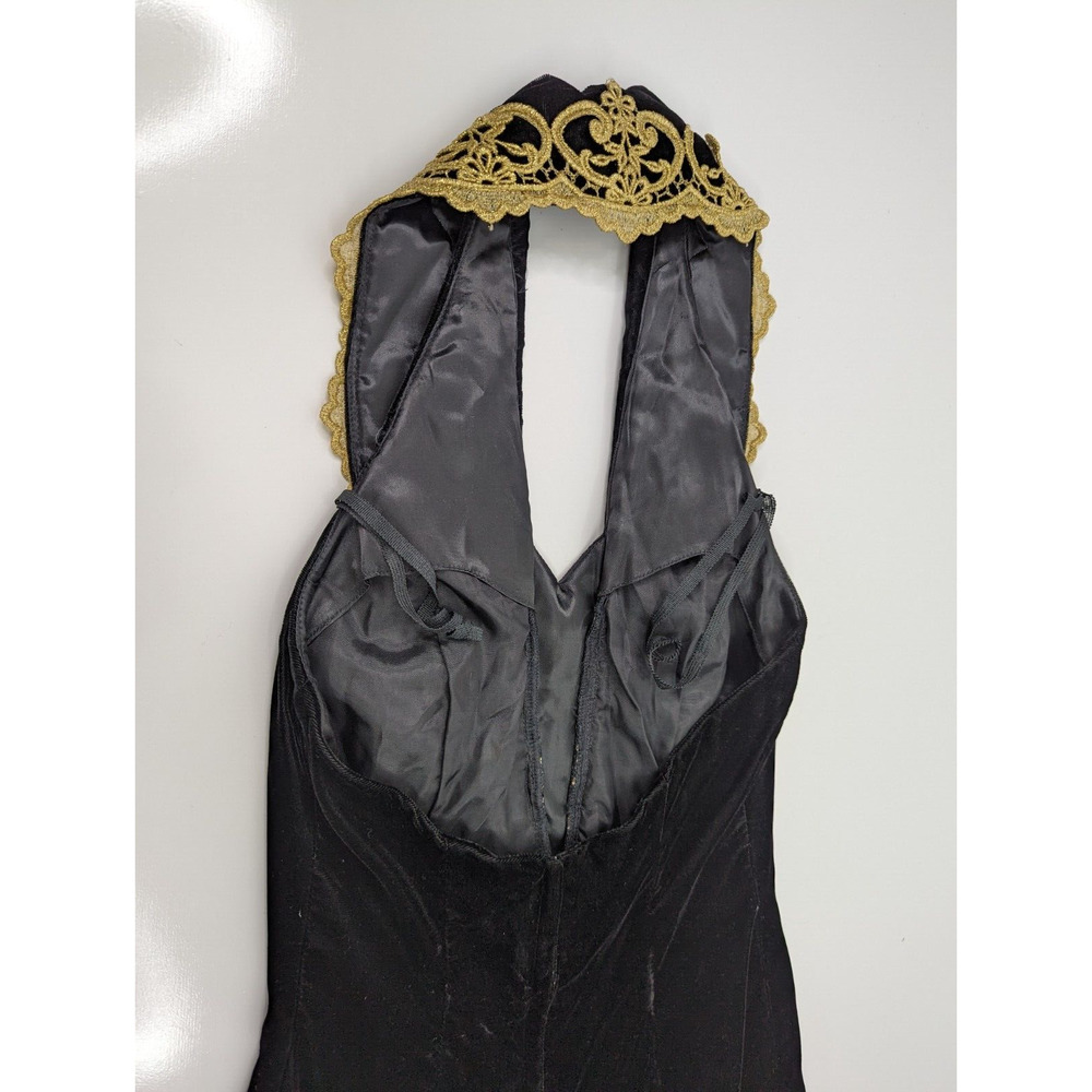 Jessica McClintock Gunne Sax 7/8 Black Velvet Gold Applique Halter Mini Dress 90 - Picture 6 of 11